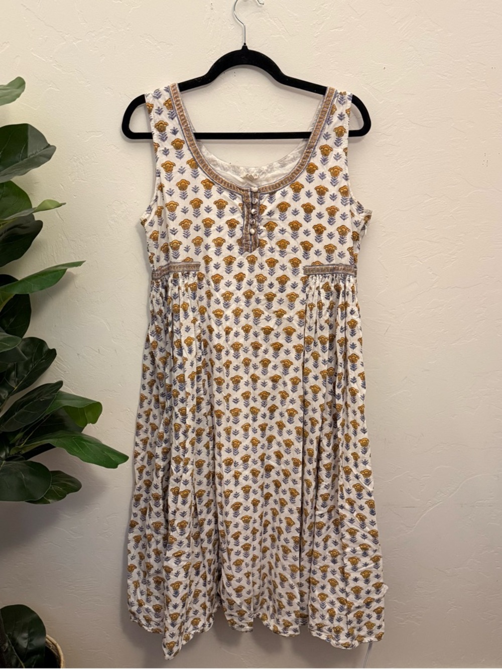 ANOKHI Size Large Floral Hand Block Print Indian Cotton Midi Dress Boho A-line